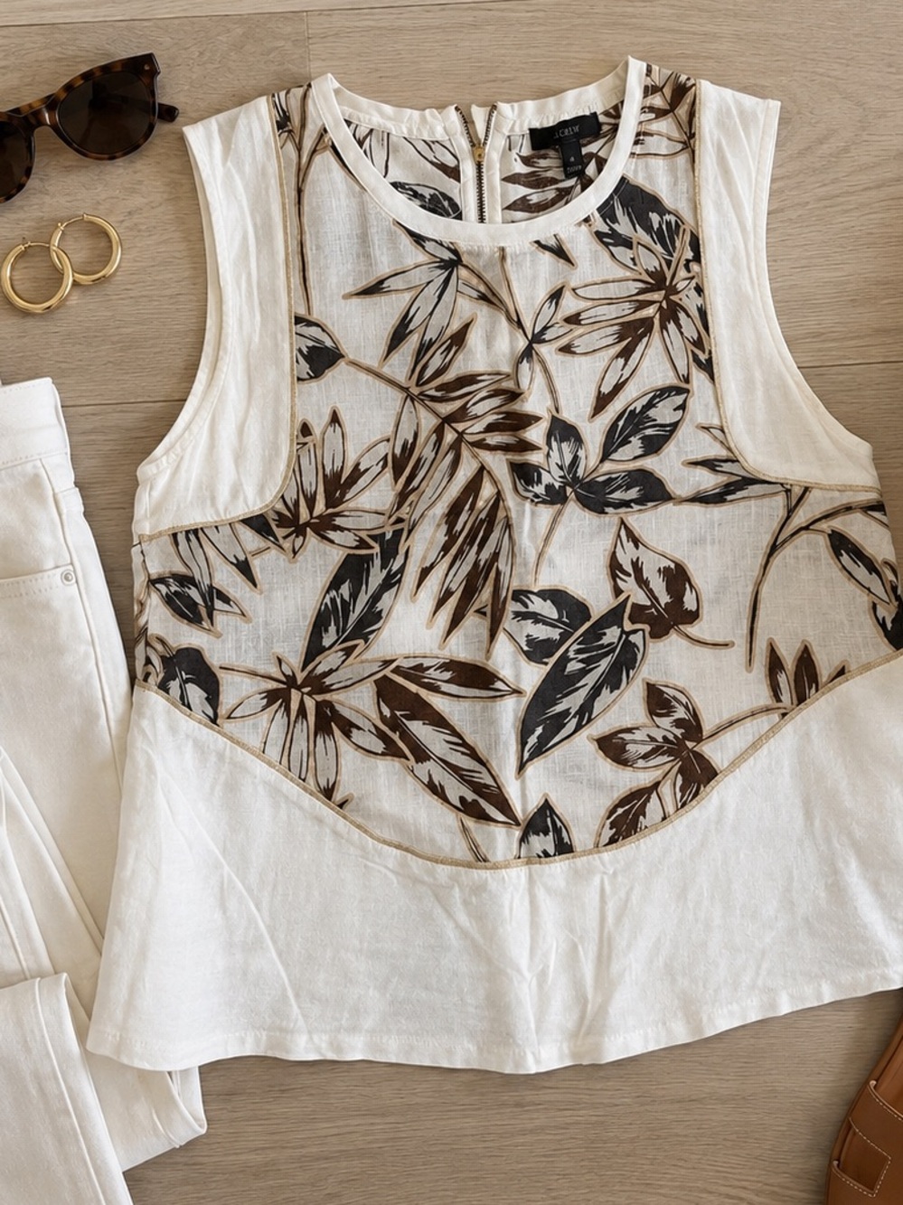 J. Crew White Linen Sleeveless Botanical Print Camisole